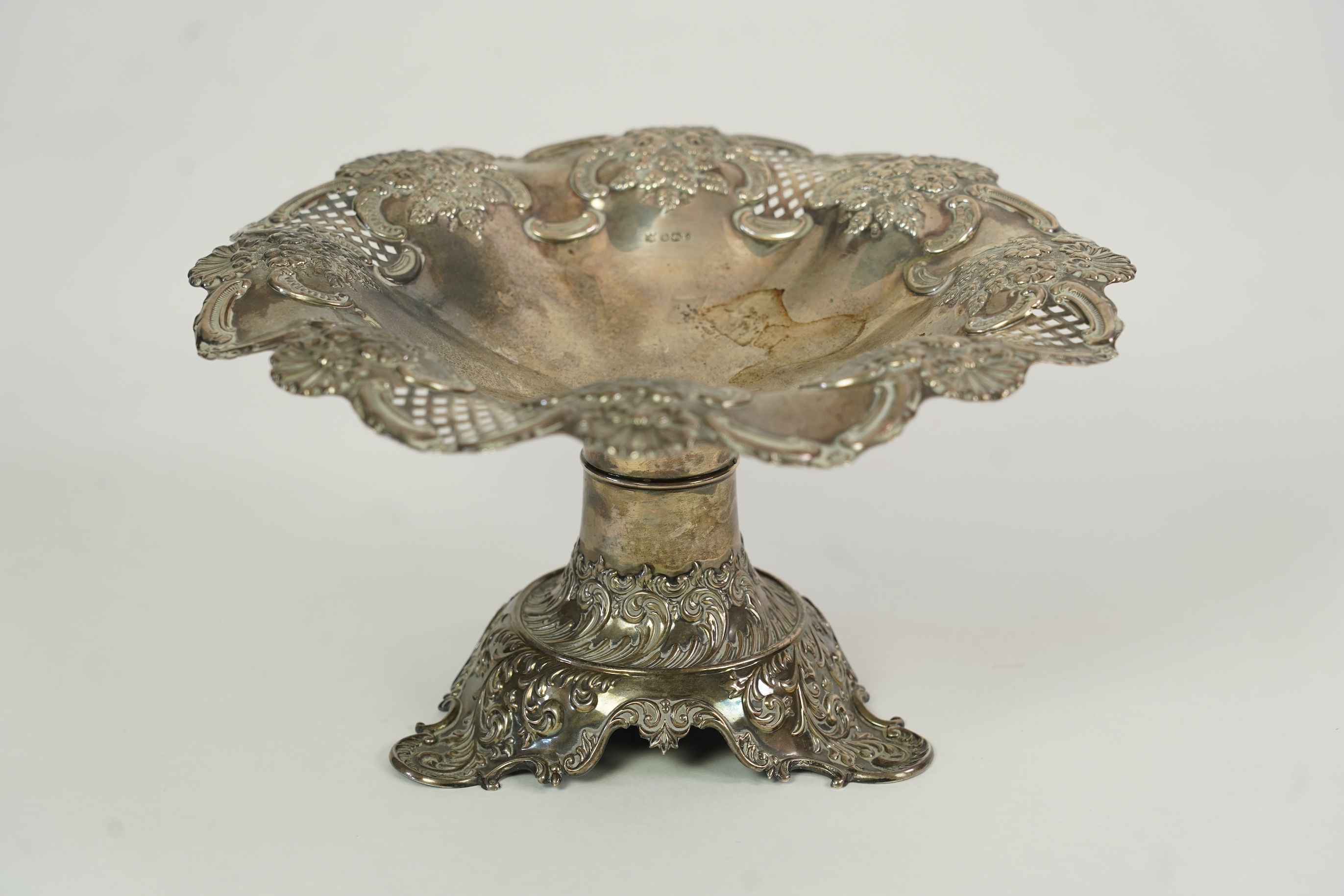 A late Victorian pierced repousse silver pedestal bowl, by Fenton Brothers Ltd